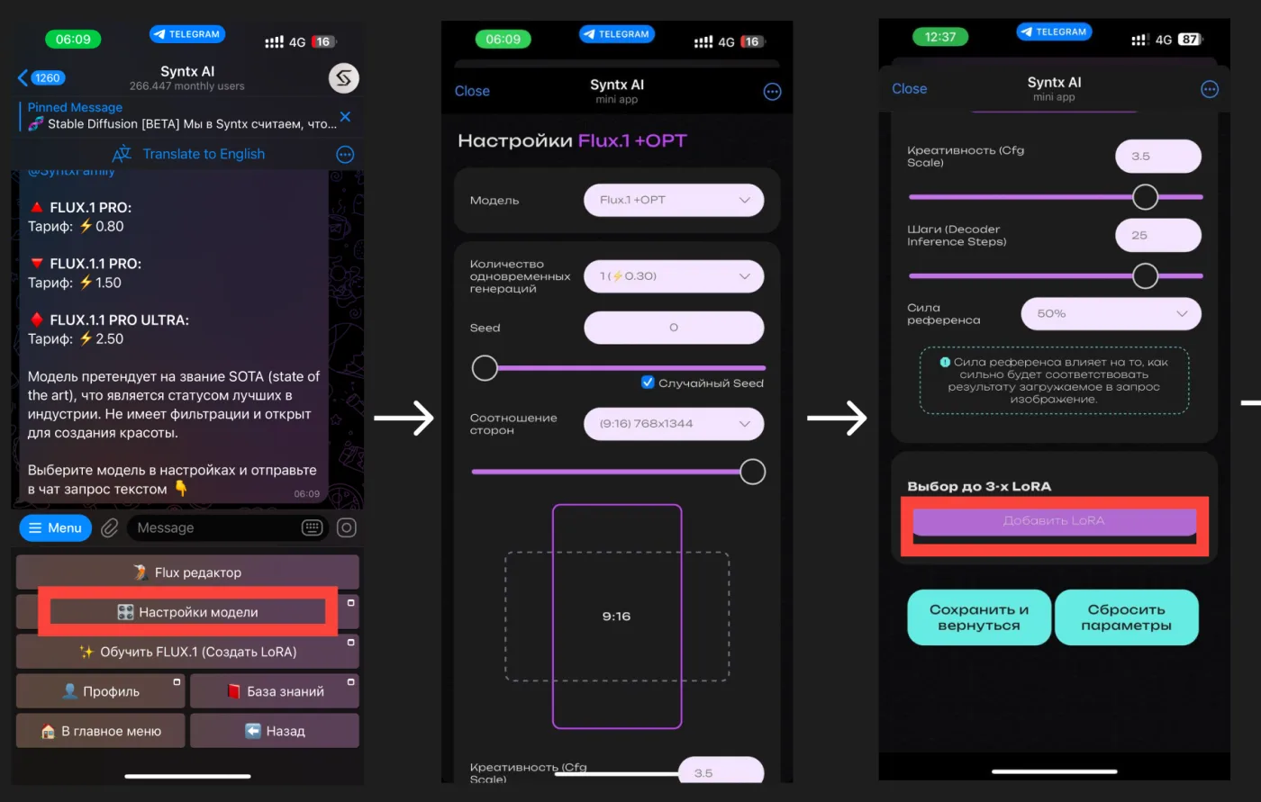Настройки Flux: формат кадра и слоты для LoRA