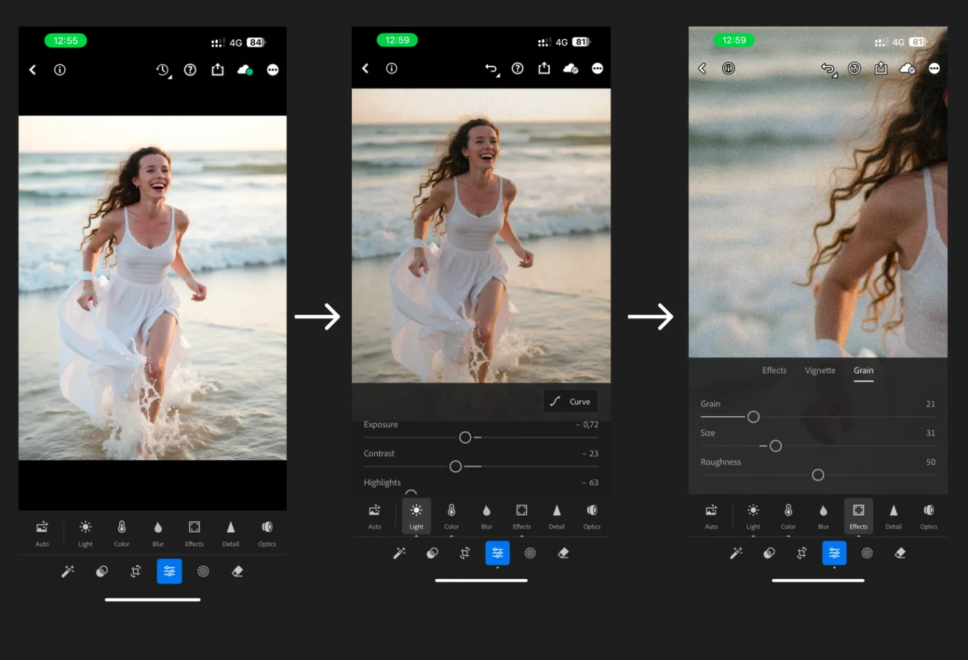 Экраны Lightroom: настройки экспозиции и зерна
