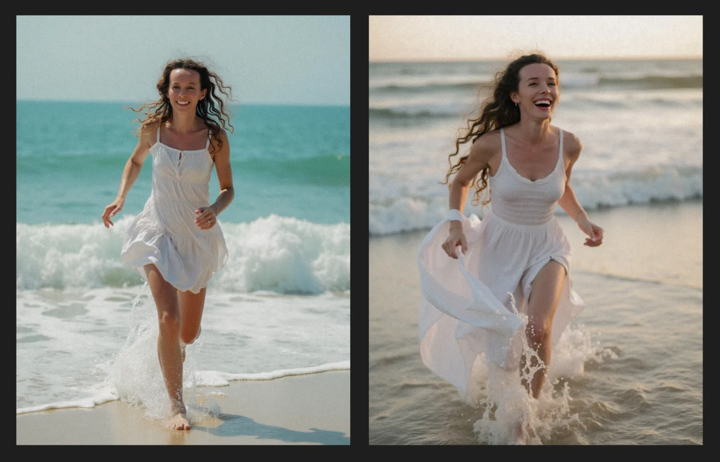 Два кадра после обработки в Lightroom: тёплый цвет и плёночное зерно