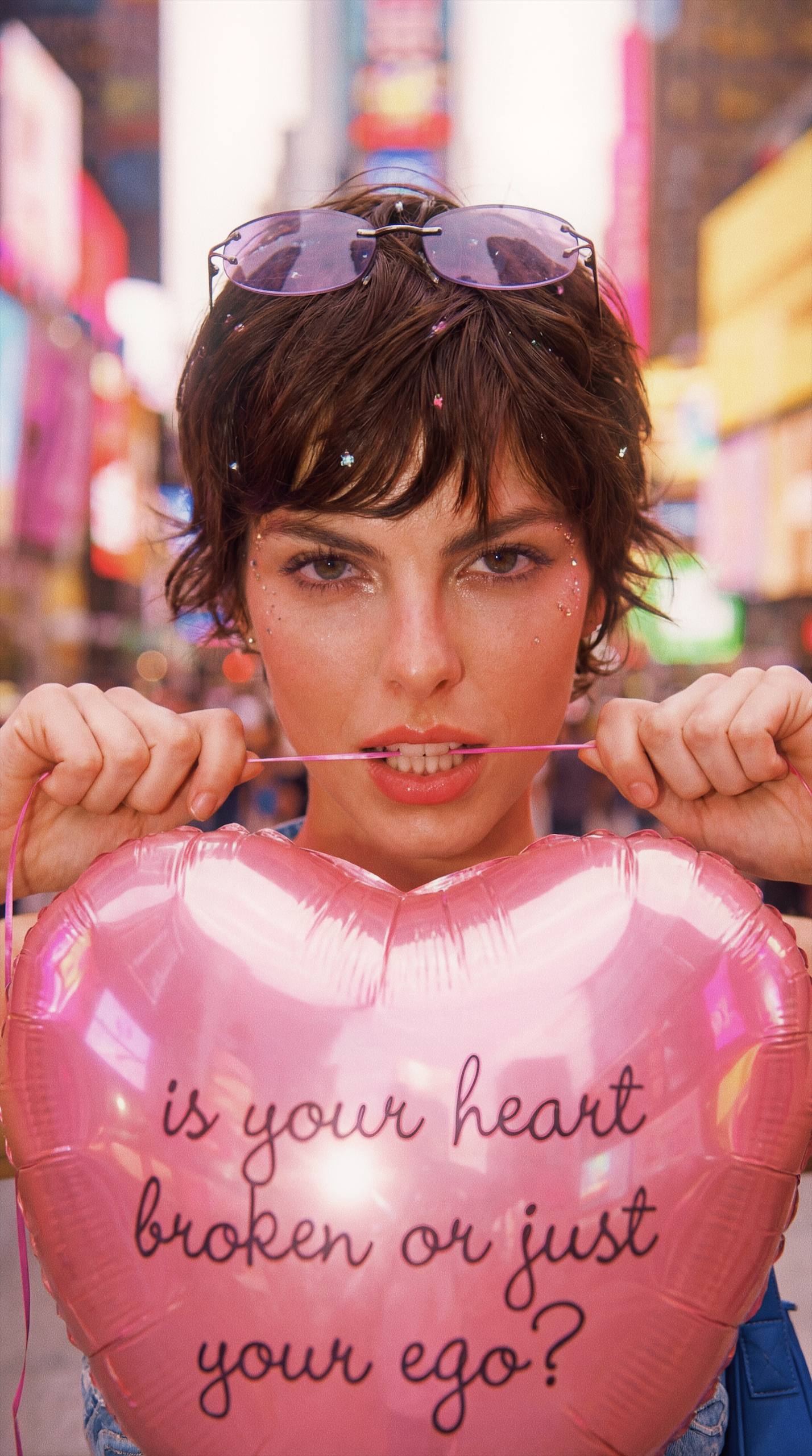 AI editorial close portrait with pink heart balloon
