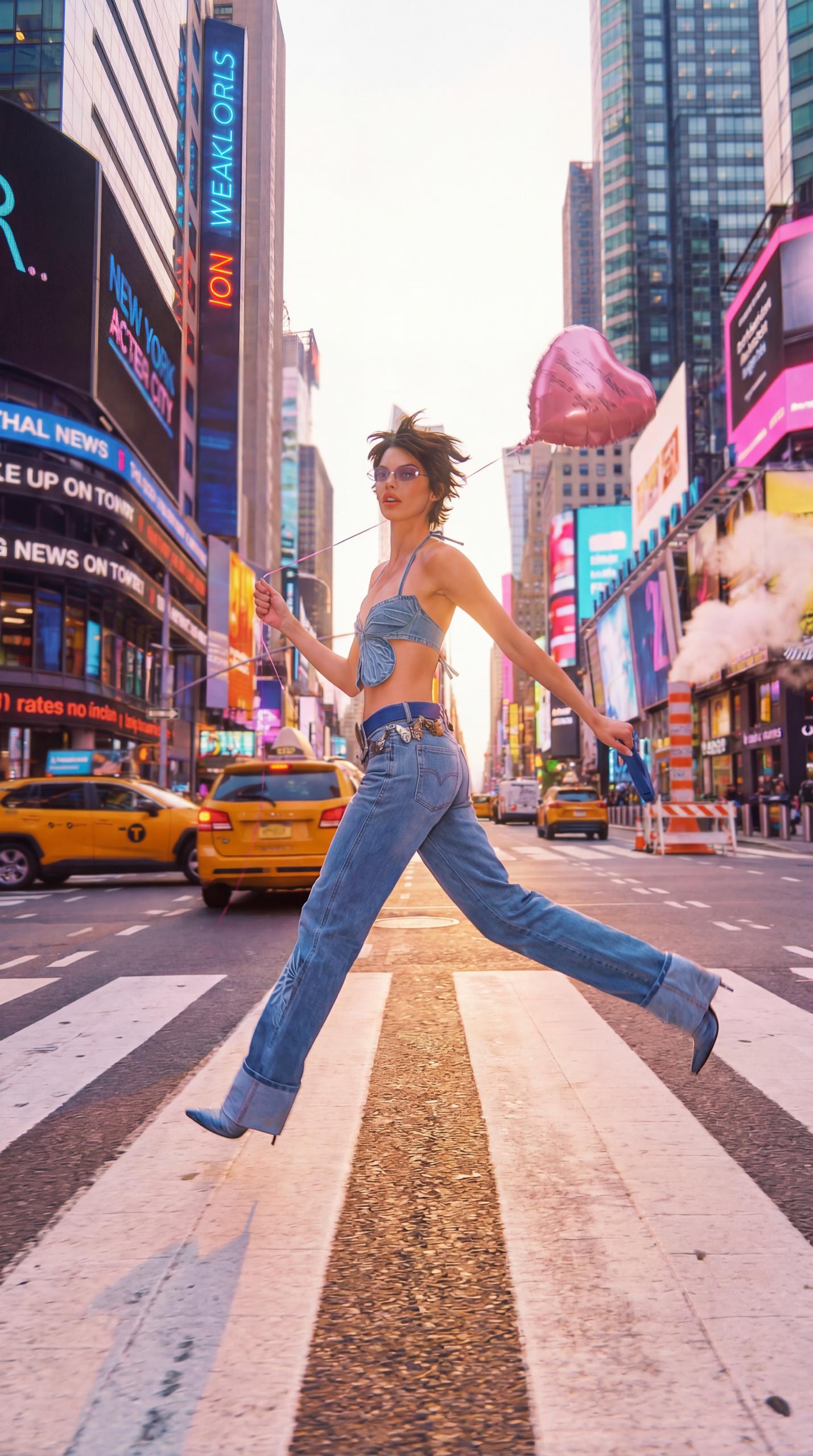 AI editorial fashion shot crossing a city street with a heart balloon