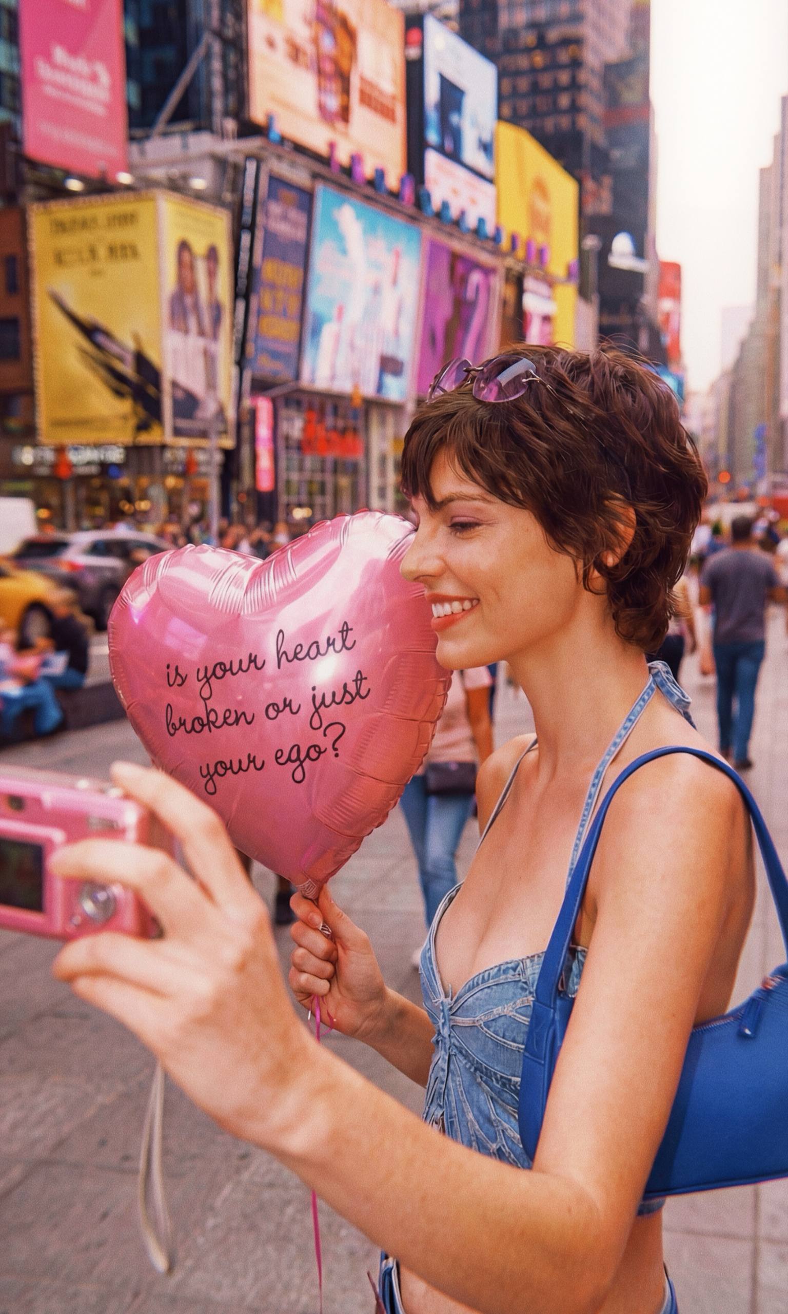 AI editorial selfie-style street shot with heart balloon