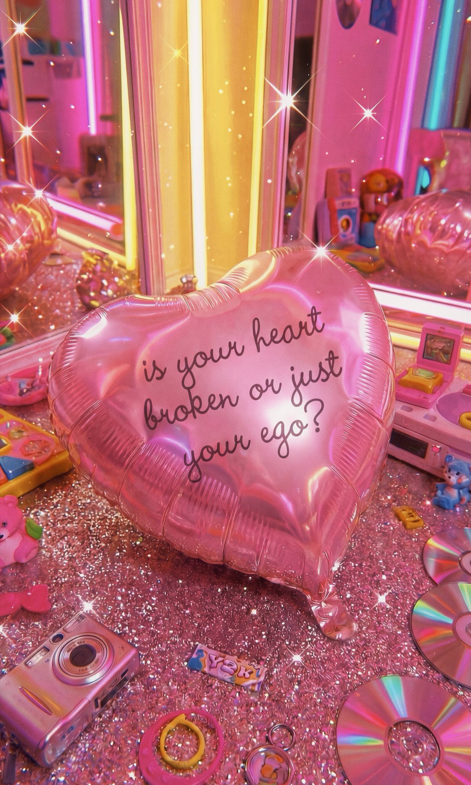 AI generated Y2K pink still life with heart balloon and glitter objects