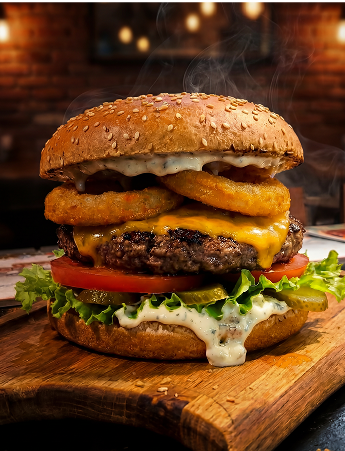 AI-enhanced premium burger photo in restaurant atmosphere