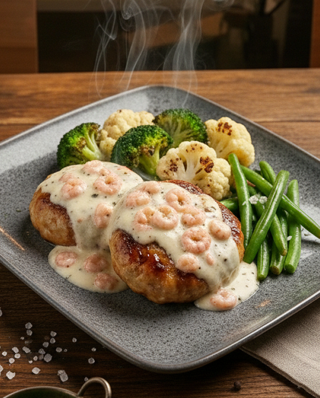 AI-enhanced cutlets with shrimp sauce and vegetables