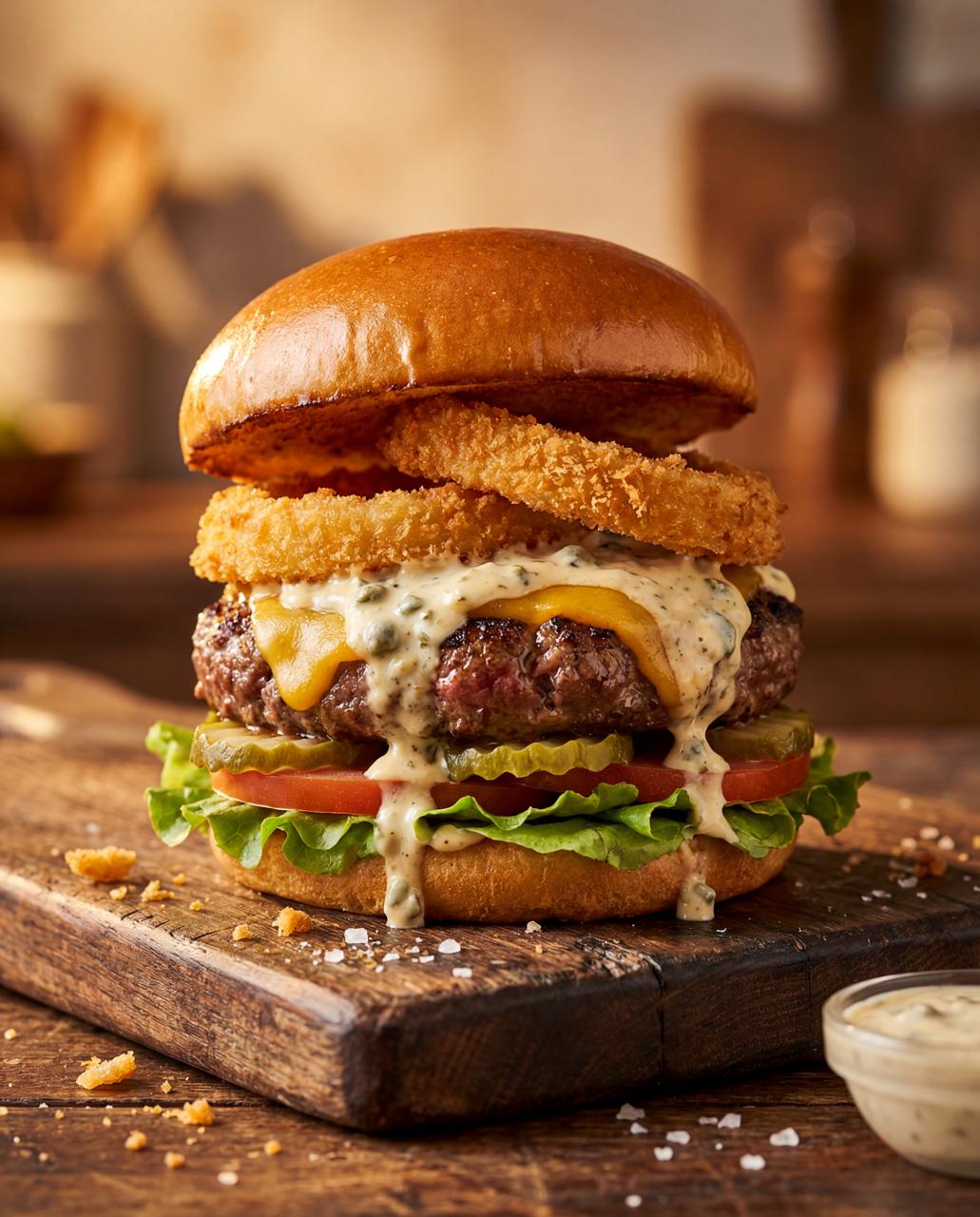 First AI food photo direction with a premium burger on a wooden board
