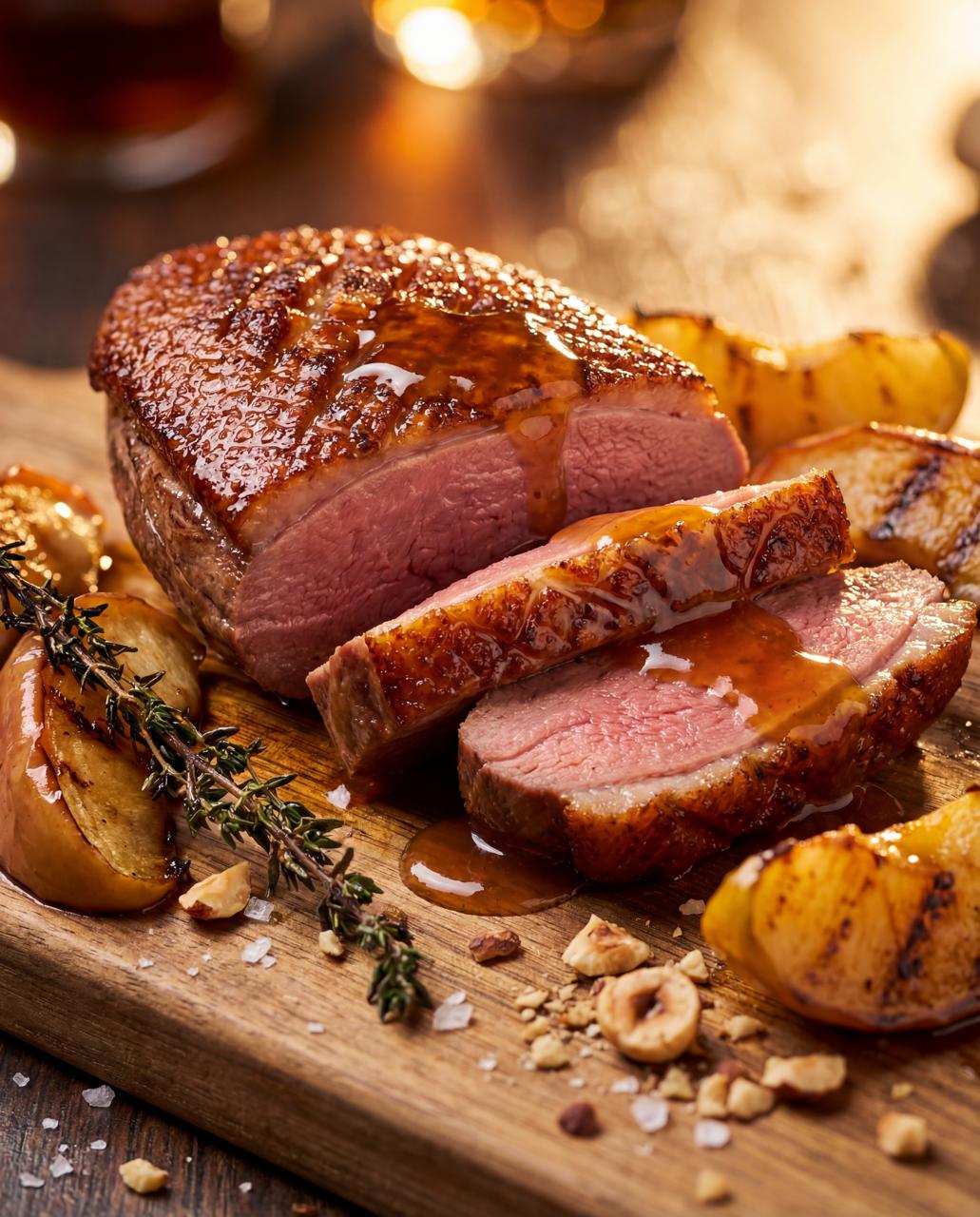First AI food photo direction with glazed duck and roasted fruit on a wooden board