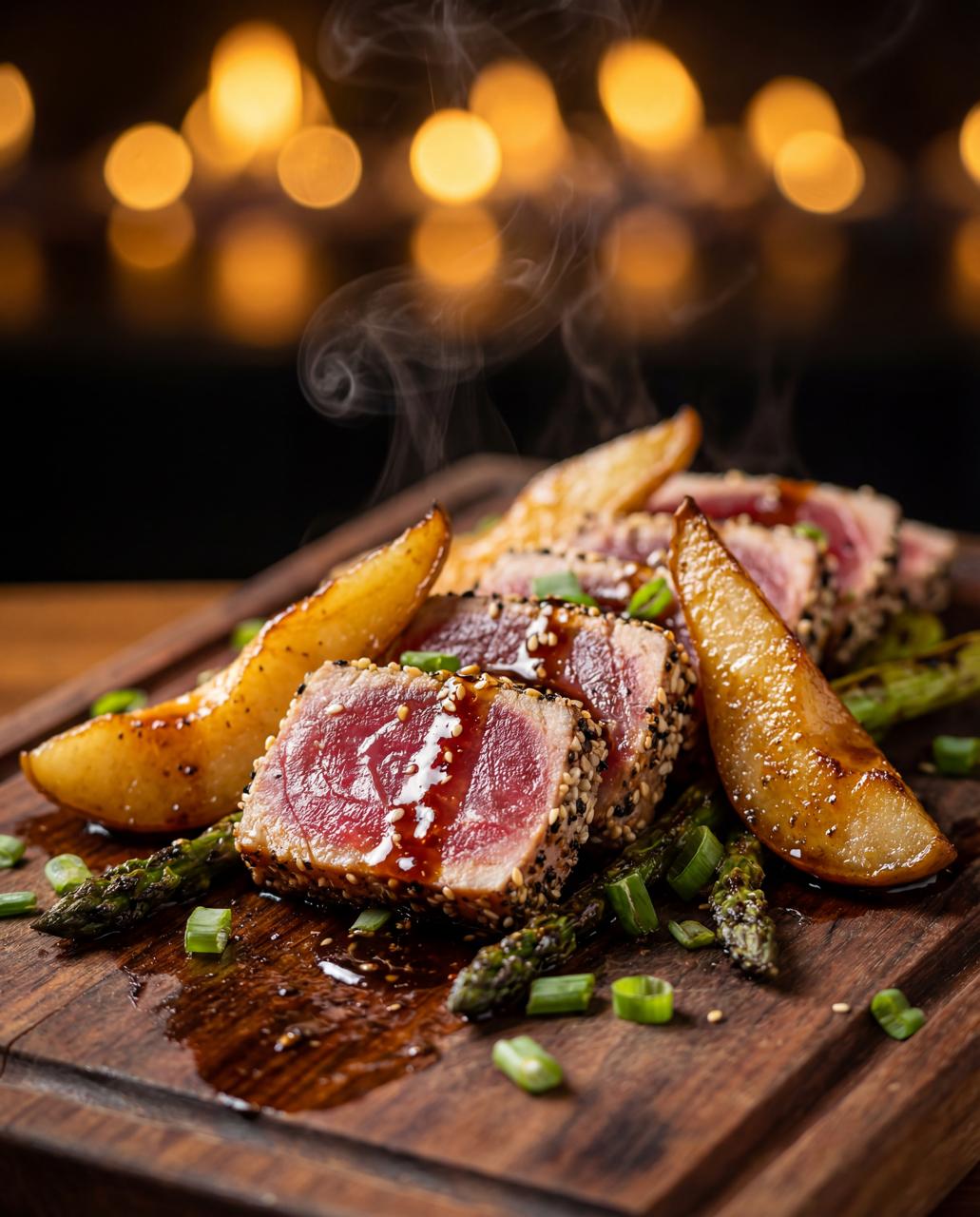 First AI food photo direction with seared tuna, pear, and warm restaurant light