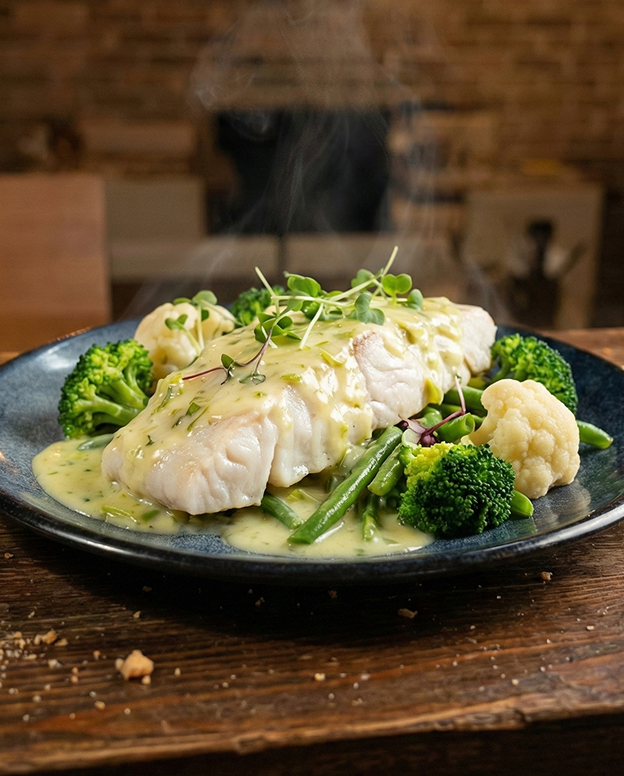 AI-enhanced white fish dish with vegetables and creamy sauce