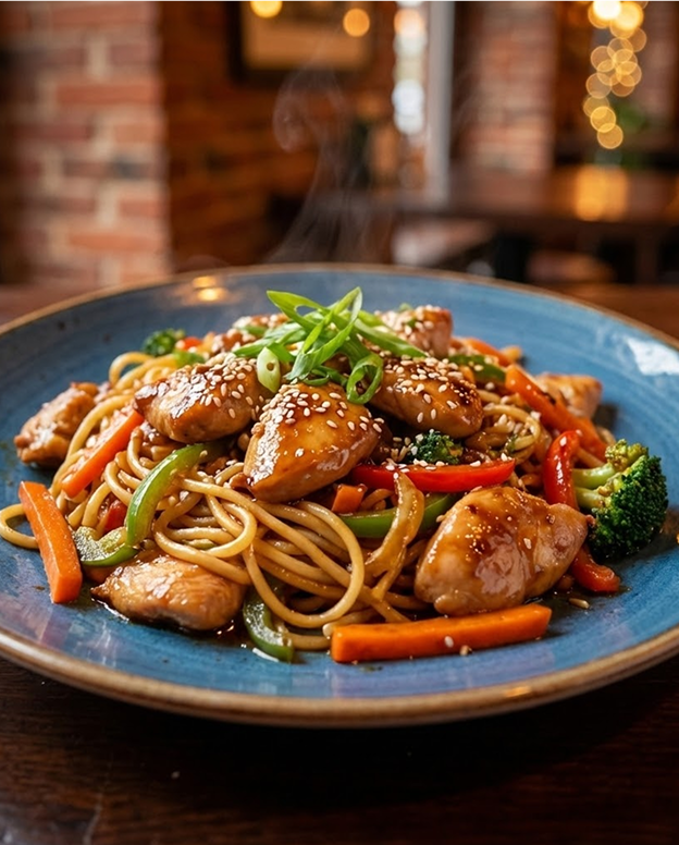 AI-enhanced noodles with chicken and vegetables in a restaurant plate