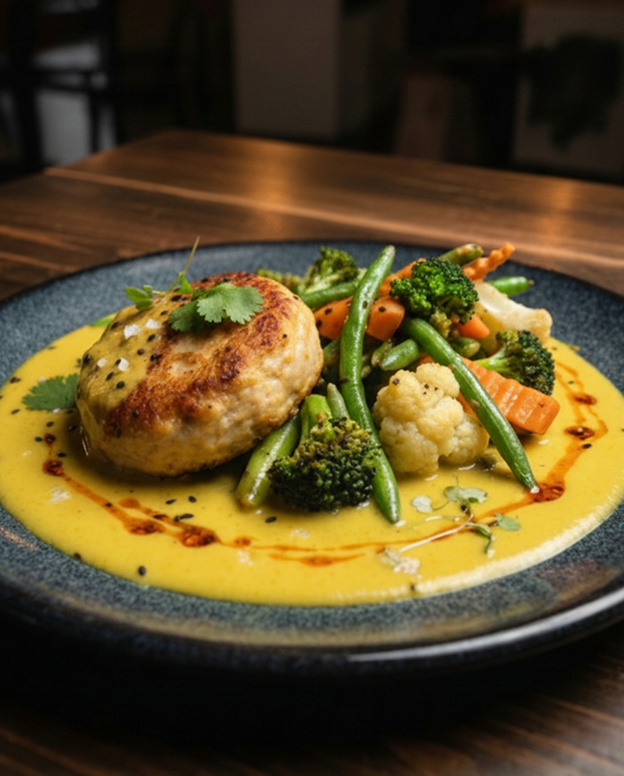 AI-enhanced restaurant dish photo with dark plate and warm table