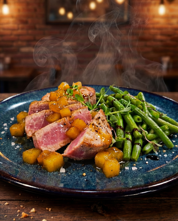 AI-enhanced restaurant dish photo with appetizing sauce and garnish