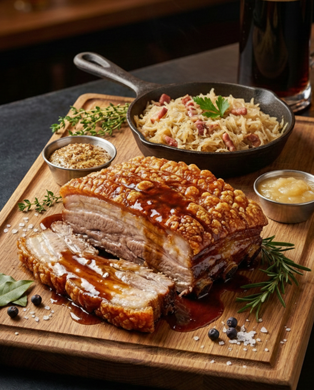 AI-enhanced pork board with side dish and dark restaurant styling
