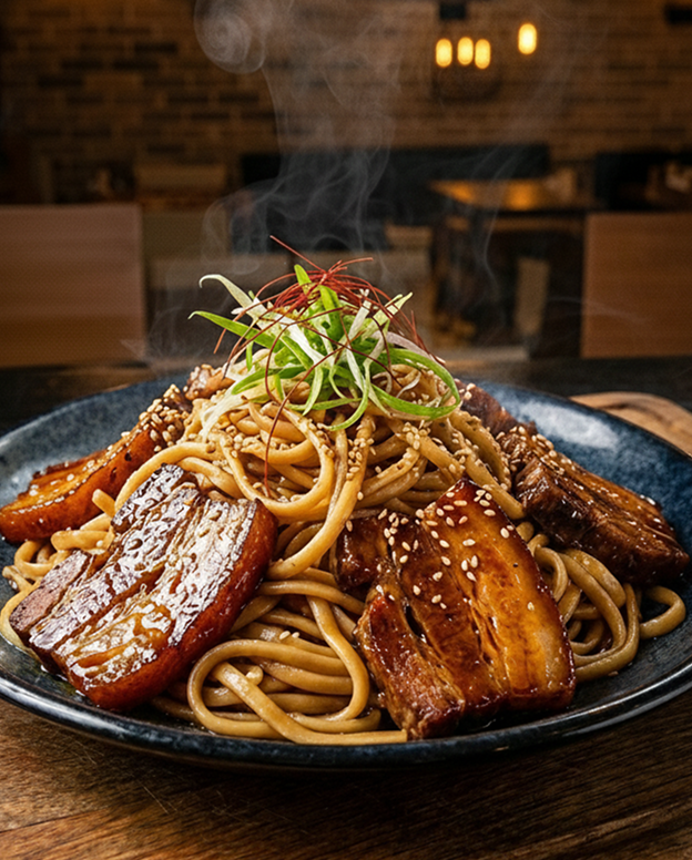 AI-enhanced pork noodles dish with steam and warm interior light