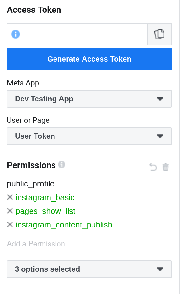 Graph API Explorer: Selecting app and User Access Token type