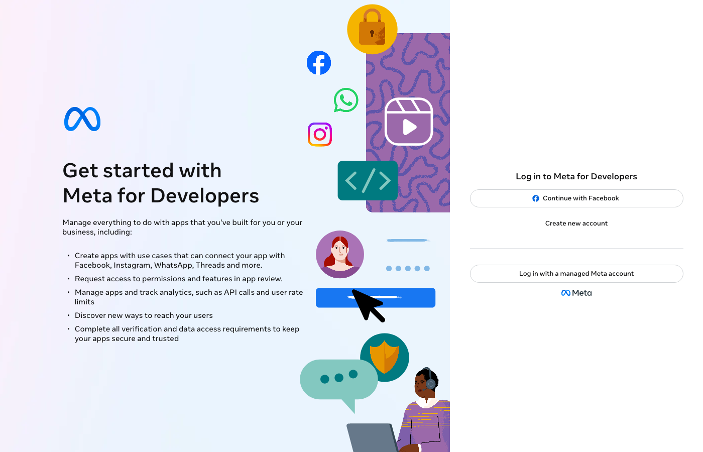 Meta for Developers login screen — Continue with Facebook button